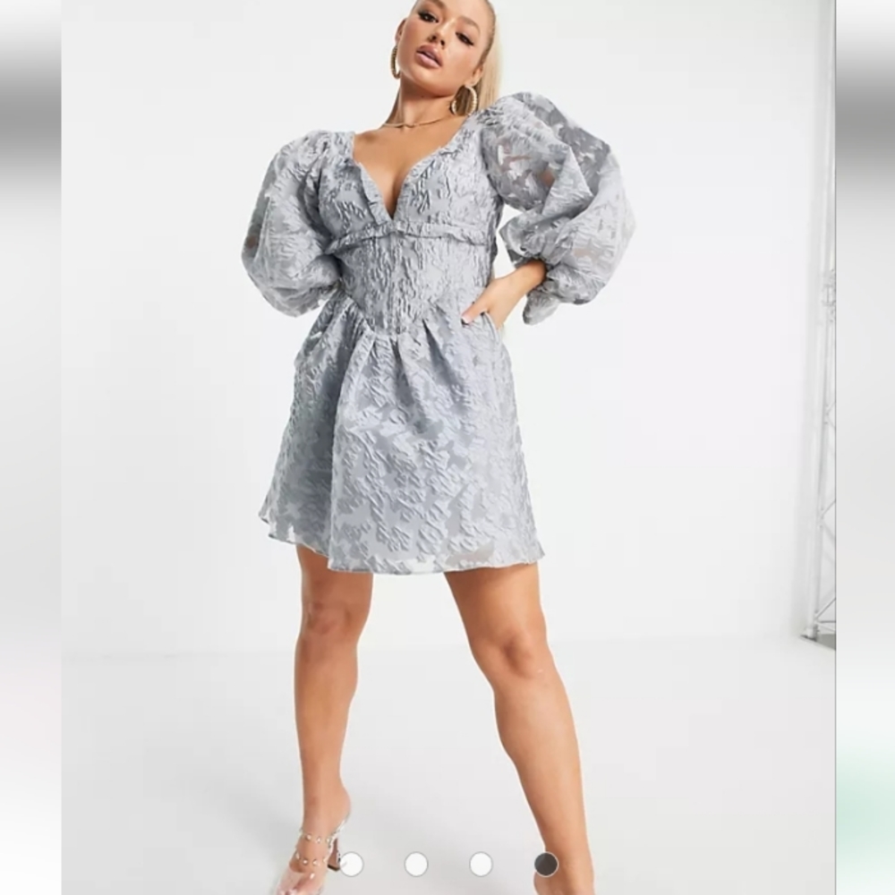 ASOS DESIGN Puff Sleeve Corset Jacquard Skater Dress Ice Blue US 6 NWT